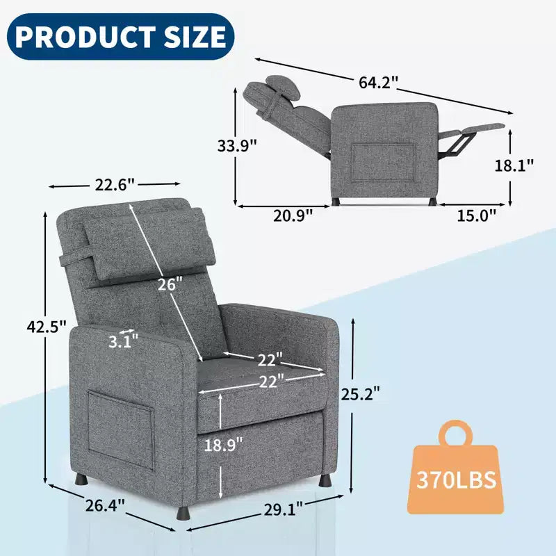 Fauteuil inclinable électrique, canapé simple ergonomique en lin avec siège rembourré et 2 poches latérales, fauteuil inclinable électrique réglable pour salon, chambre à coucher