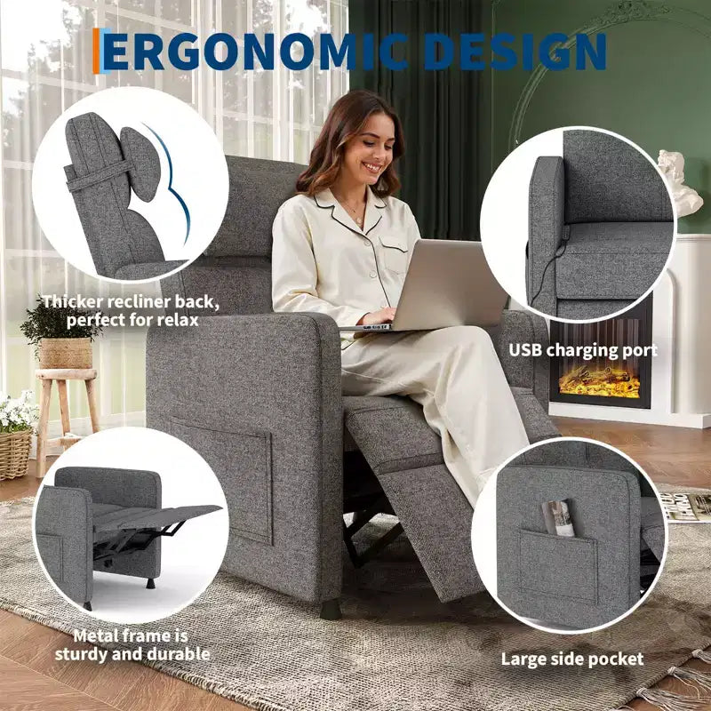 Fauteuil inclinable électrique, canapé simple ergonomique en lin avec siège rembourré et 2 poches latérales, fauteuil inclinable électrique réglable pour salon, chambre à coucher