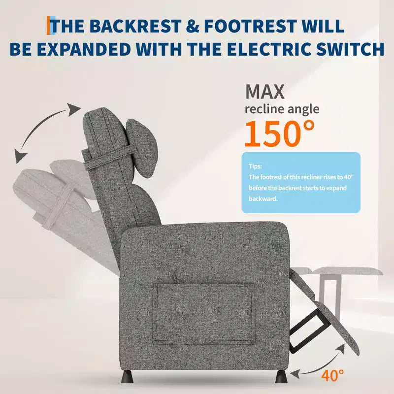 Fauteuil inclinable électrique, canapé simple ergonomique en lin avec siège rembourré et 2 poches latérales, fauteuil inclinable électrique réglable pour salon, chambre à coucher
