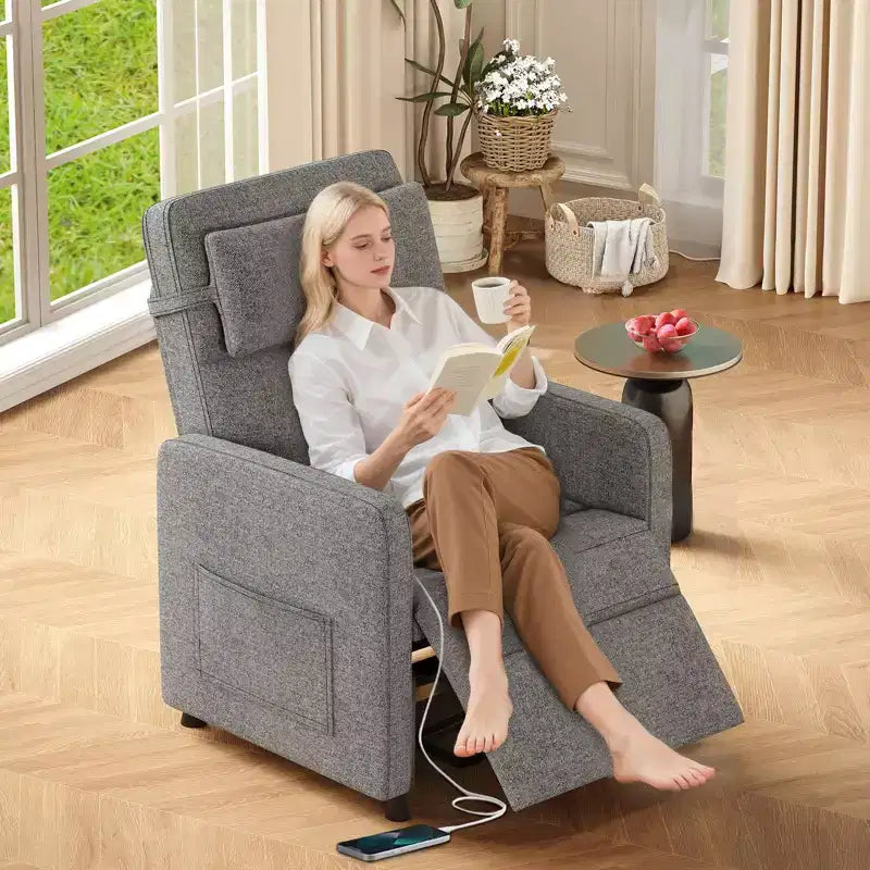 Fauteuil inclinable électrique, canapé simple ergonomique en lin avec siège rembourré et 2 poches latérales, fauteuil inclinable électrique réglable pour salon, chambre à coucher