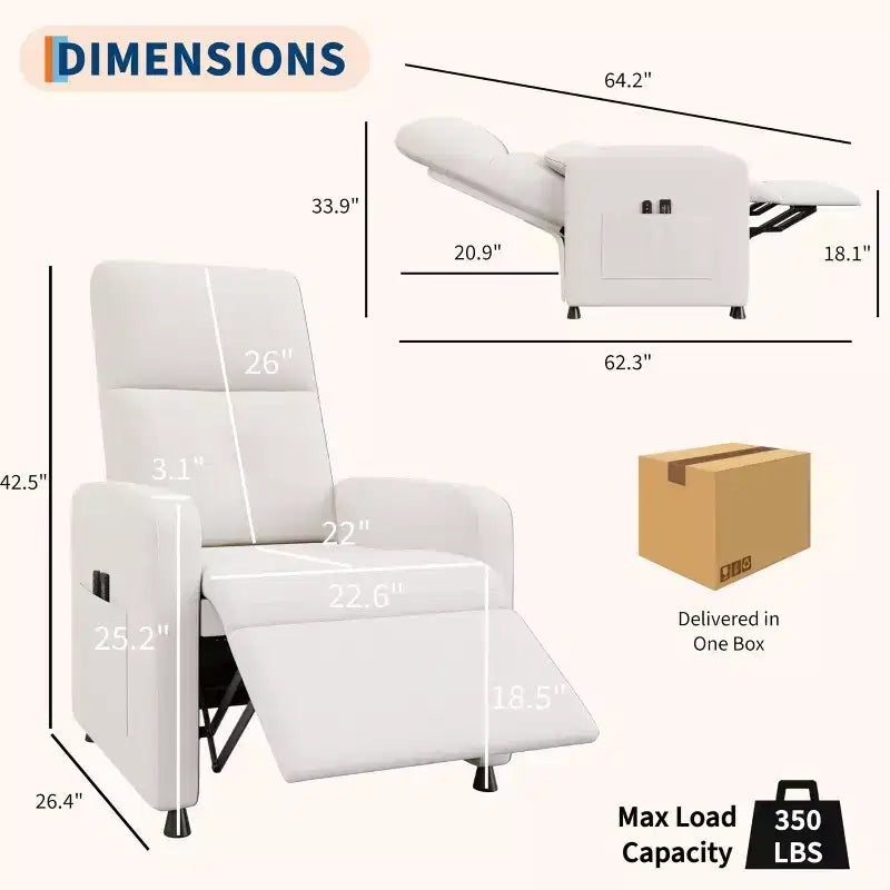 Fauteuil inclinable électrique, canapé simple ergonomique en lin avec siège rembourré et 2 poches latérales, fauteuil inclinable électrique réglable pour salon, chambre à coucher