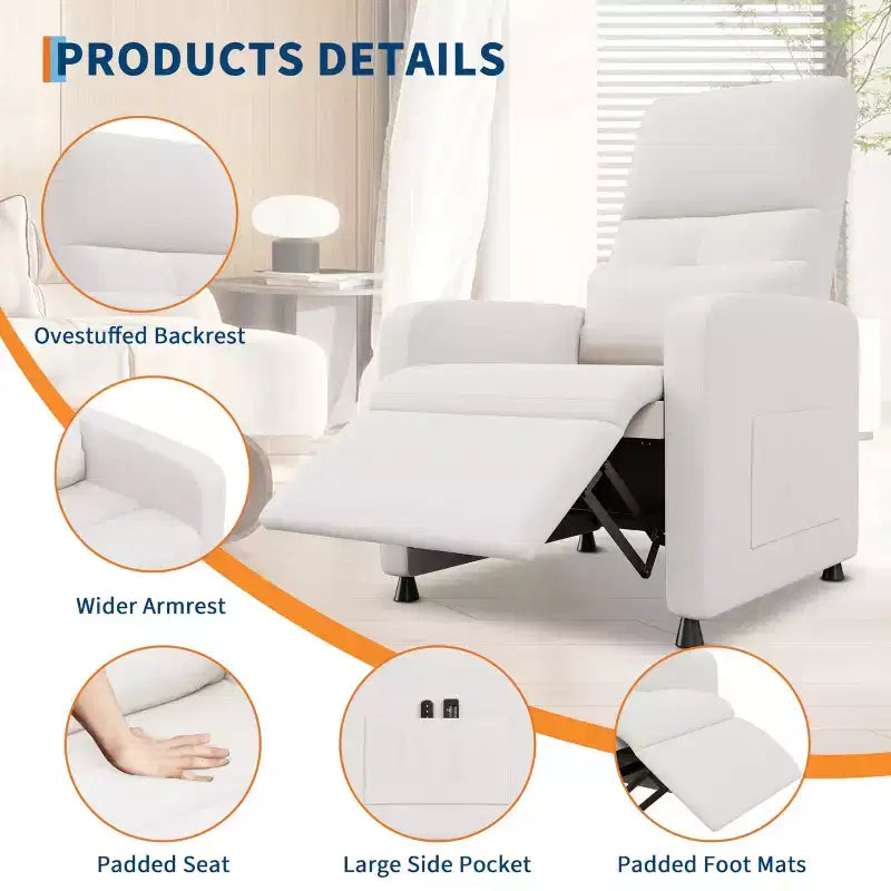 Fauteuil inclinable électrique, canapé simple ergonomique en lin avec siège rembourré et 2 poches latérales, fauteuil inclinable électrique réglable pour salon, chambre à coucher