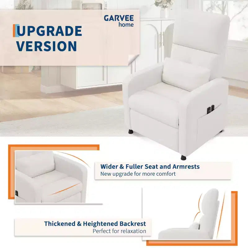 Fauteuil inclinable électrique, canapé simple ergonomique en lin avec siège rembourré et 2 poches latérales, fauteuil inclinable électrique réglable pour salon, chambre à coucher