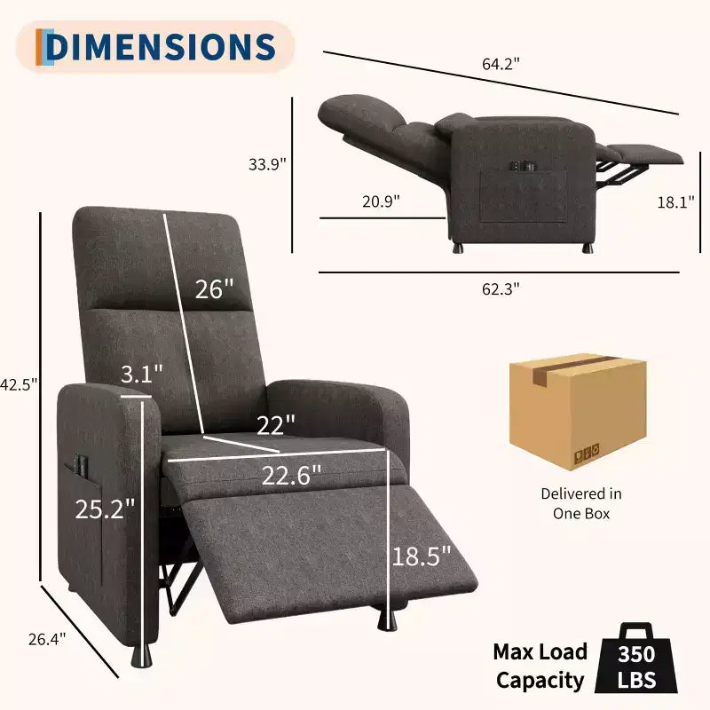 Fauteuil inclinable électrique, canapé simple ergonomique en lin avec siège rembourré et 2 poches latérales, fauteuil inclinable électrique réglable pour salon, chambre à coucher