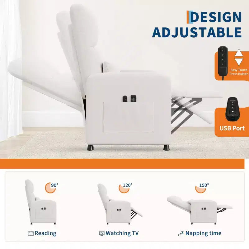 Fauteuil inclinable électrique, canapé simple ergonomique en lin avec siège rembourré et 2 poches latérales, fauteuil inclinable électrique réglable pour salon, chambre à coucher