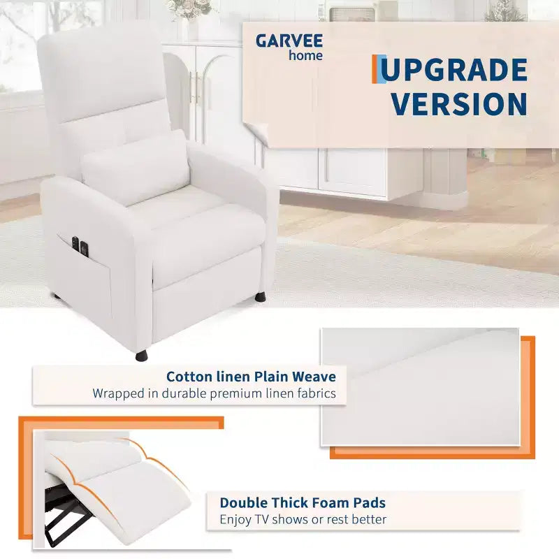 Fauteuil inclinable électrique, canapé simple ergonomique en lin avec siège rembourré et 2 poches latérales, fauteuil inclinable électrique réglable pour salon, chambre à coucher