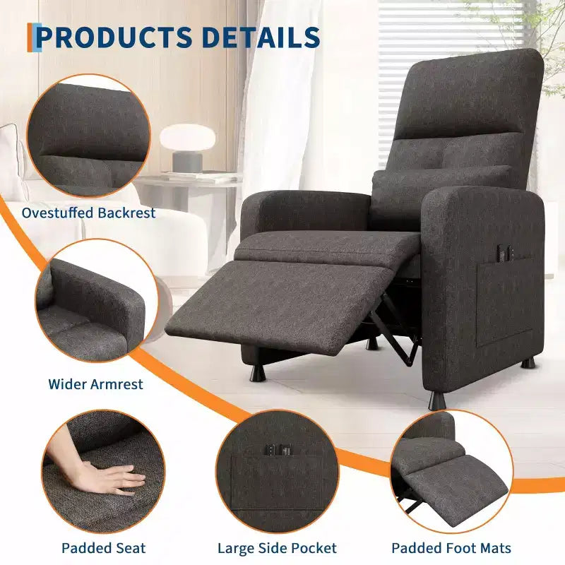 Fauteuil inclinable électrique, canapé simple ergonomique en lin avec siège rembourré et 2 poches latérales, fauteuil inclinable électrique réglable pour salon, chambre à coucher