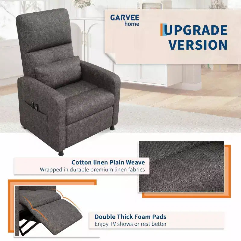 Fauteuil inclinable électrique, canapé simple ergonomique en lin avec siège rembourré et 2 poches latérales, fauteuil inclinable électrique réglable pour salon, chambre à coucher