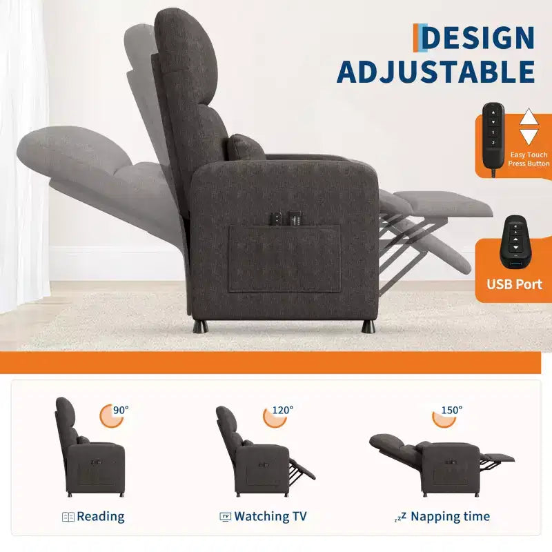 Fauteuil inclinable électrique, canapé simple ergonomique en lin avec siège rembourré et 2 poches latérales, fauteuil inclinable électrique réglable pour salon, chambre à coucher