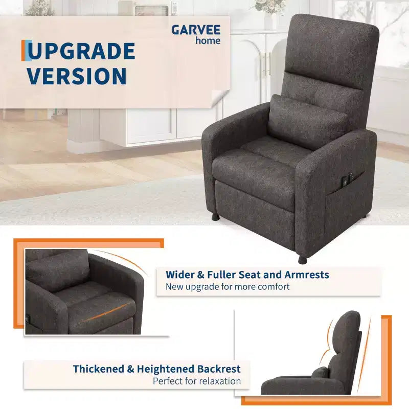 Fauteuil inclinable électrique, canapé simple ergonomique en lin avec siège rembourré et 2 poches latérales, fauteuil inclinable électrique réglable pour salon, chambre à coucher