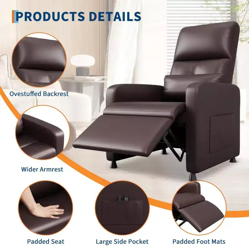 Fauteuil inclinable, fauteuil inclinable réglable, canapé ergonomique surrembourré, dossier haut, assise rembourrée, 2 poches latérales, siège de cinéma maison pour salon