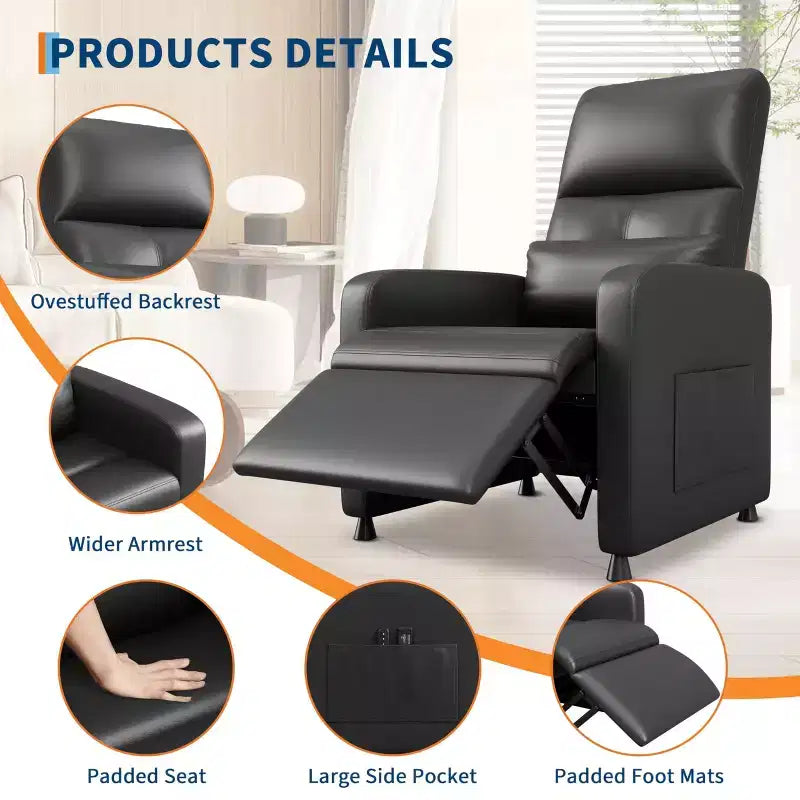 Fauteuil inclinable, fauteuil inclinable réglable, canapé ergonomique surrembourré, dossier haut, assise rembourrée, 2 poches latérales, siège de cinéma maison pour salon
