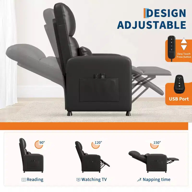 Fauteuil inclinable, fauteuil inclinable réglable, canapé ergonomique surrembourré, dossier haut, assise rembourrée, 2 poches latérales, siège de cinéma maison pour salon