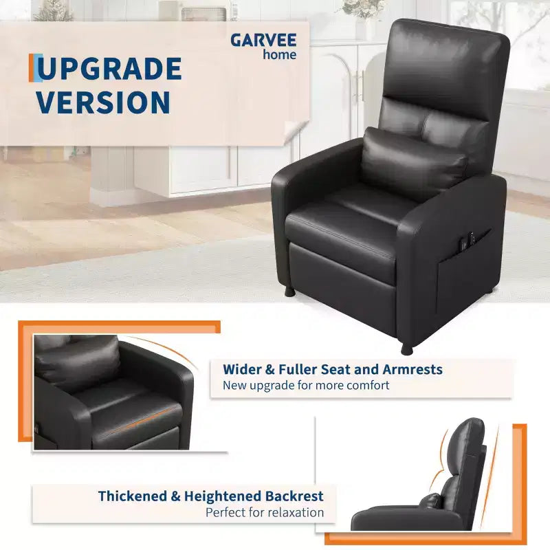 Fauteuil inclinable, fauteuil inclinable réglable, canapé ergonomique surrembourré, dossier haut, assise rembourrée, 2 poches latérales, siège de cinéma maison pour salon