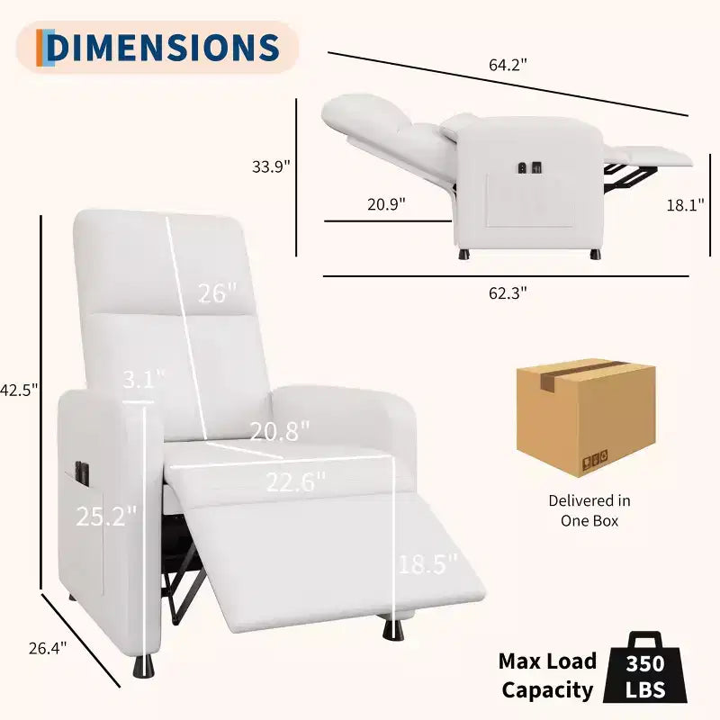 Fauteuil inclinable, fauteuil inclinable réglable, canapé ergonomique surrembourré, dossier haut, assise rembourrée, 2 poches latérales, siège de cinéma maison pour salon