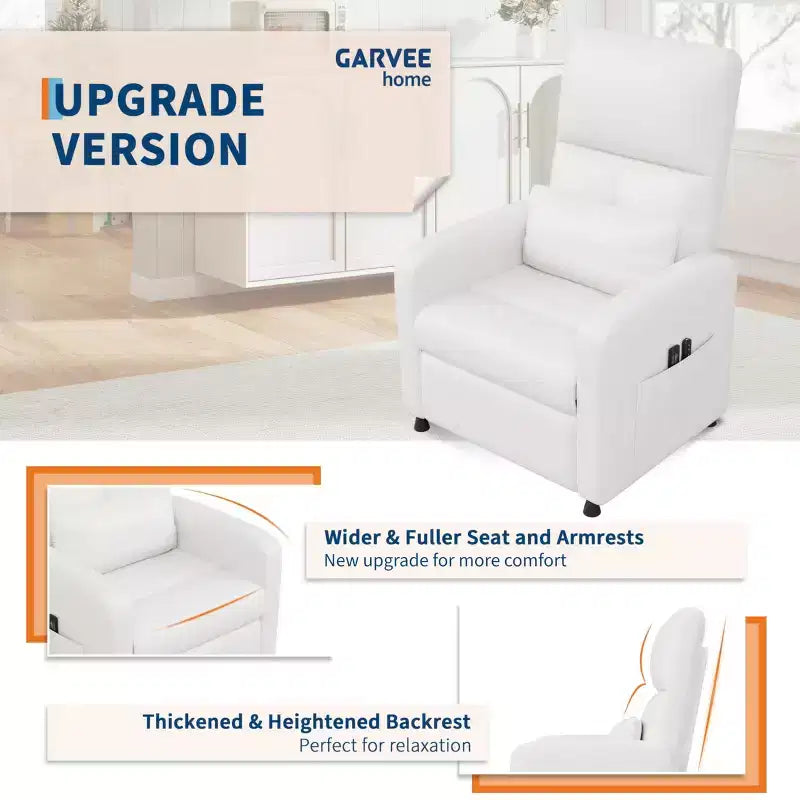 Fauteuil inclinable, fauteuil inclinable réglable, canapé ergonomique surrembourré, dossier haut, assise rembourrée, 2 poches latérales, siège de cinéma maison pour salon