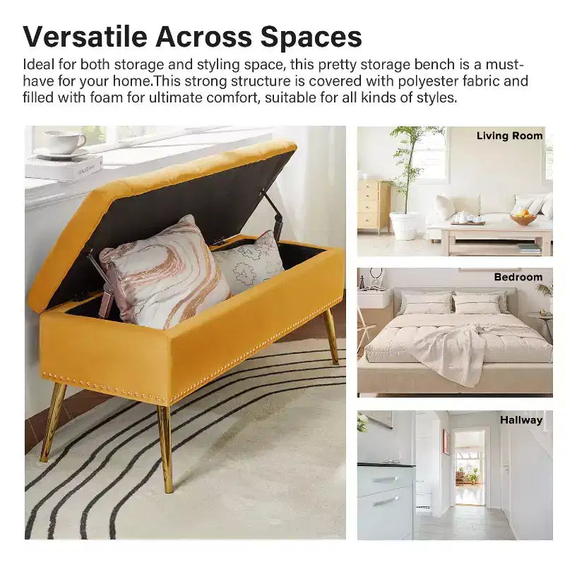 Banc de rangement Hippolytus avec garniture cloutée et capitonnage pour chambre à coucher | ART OF LIVING DESIGNS-NOIR