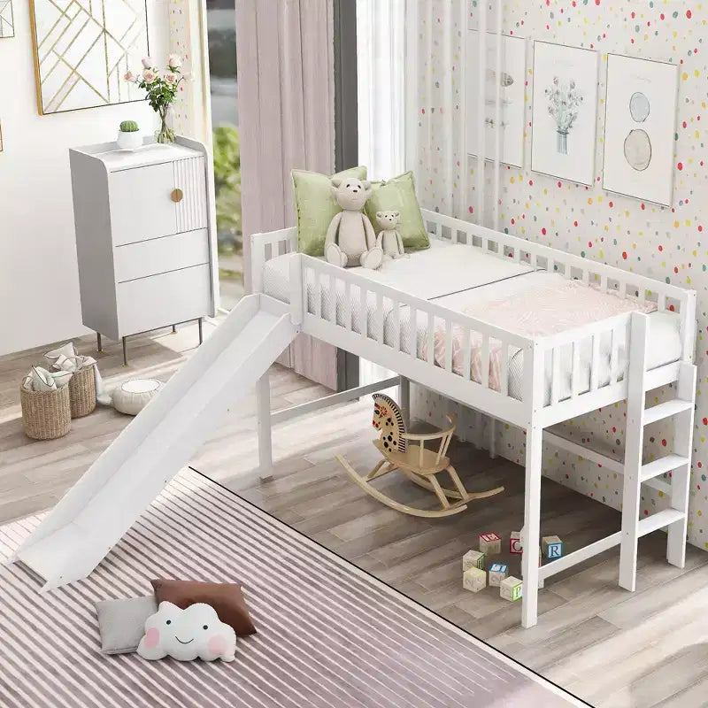 Okak Lit mezzanine enfant avec toboggan, taille double/pleine, 77,4 pouces, lit simple avec garde-corps de sécurité et échelle, cadres de lit pour chambre d'enfant, salle de jeux