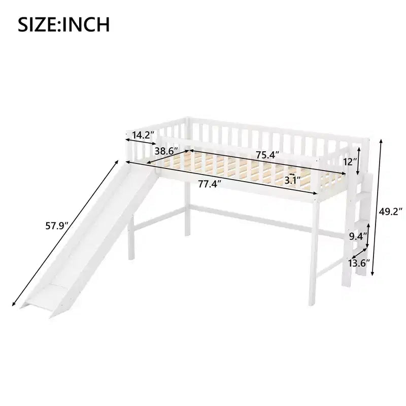 Okak Lit mezzanine enfant avec toboggan, taille double/pleine, 77,4 pouces, lit simple avec garde-corps de sécurité et échelle, cadres de lit pour chambre d'enfant, salle de jeux