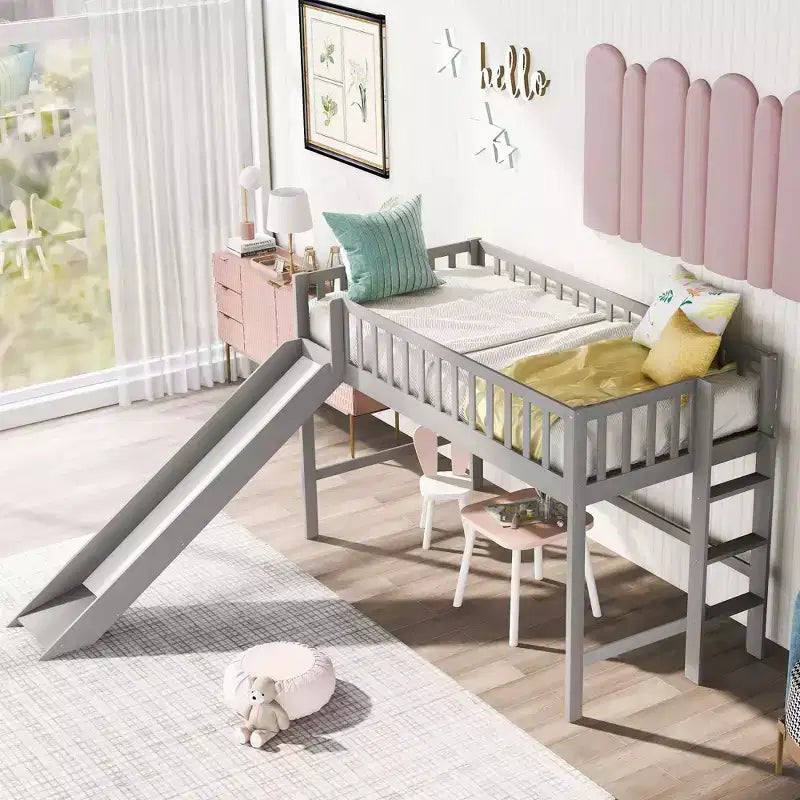 Okak Lit mezzanine enfant avec toboggan, taille double/pleine, 77,4 pouces, lit simple avec garde-corps de sécurité et échelle, cadres de lit pour chambre d'enfant, salle de jeux