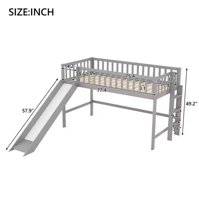 Okak Lit mezzanine enfant avec toboggan, taille double/pleine, 77,4 pouces, lit simple avec garde-corps de sécurité et échelle, cadres de lit pour chambre d'enfant, salle de jeux