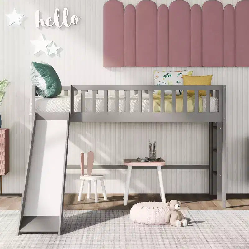 Okak Lit mezzanine enfant avec toboggan, taille double/pleine, 77,4 pouces, lit simple avec garde-corps de sécurité et échelle, cadres de lit pour chambre d'enfant, salle de jeux