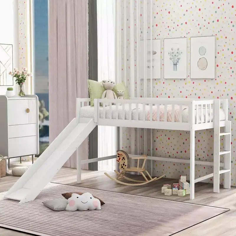 Okak 77.4IN Twin/Full Size Kids Loft Bed with Slide, Twin Bed with Safety Guardrail and Ladder, Bed Frames for Kids Room, Play Room