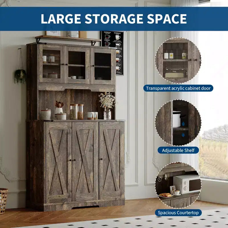 CuisinSmart Armoire de garde-manger 71'' avec station de recharge, Armoire de rangement de cuisine de style ferme avec comptoir ouvert pour salon et salle à manger, Marron