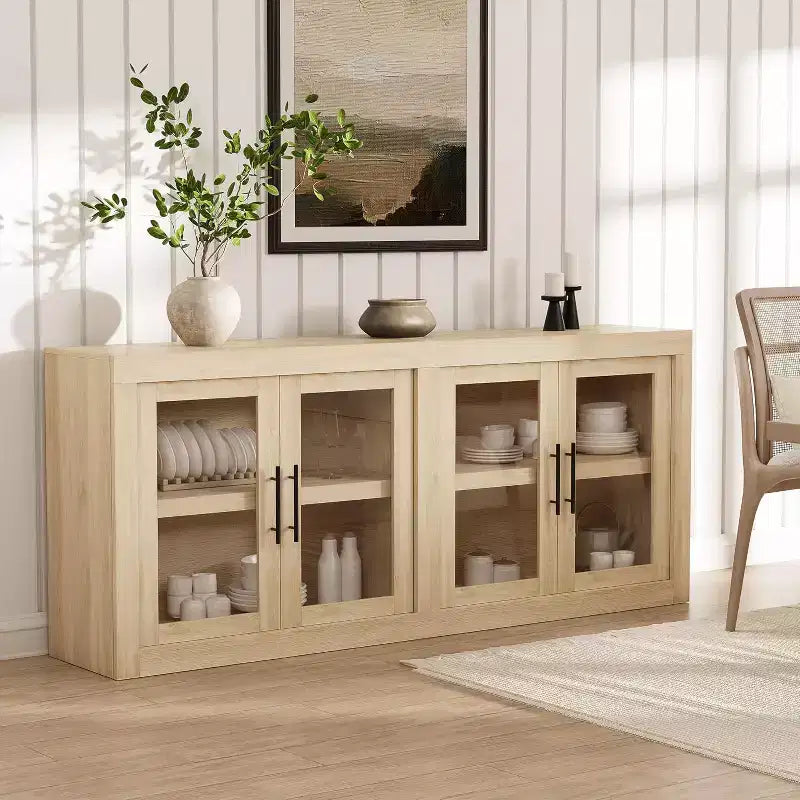 CuisinSmart 71 Buffet bas avec 4 portes, Buffet d'appoint de style Mid-Century Modern avec rangement pour salon et cuisine, Naturel