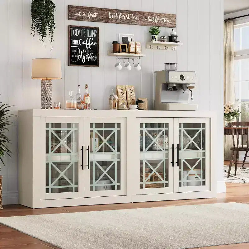 CuisinSmart 71 Buffet bas avec 4 portes, Buffet d'appoint de style Mid-Century Modern avec rangement pour salon et cuisine, Naturel