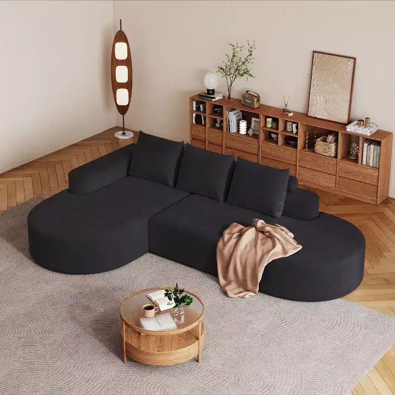 108.5 inch Black L Shaped Chenille Upholstered Sectional Sofa Set with 3 Pillows for Living Room