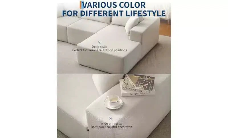 Canapé modulaire GustoWave 108 avec méridienne | Canapé en L moelleux et compressé pour salon | Design convertible, Beige