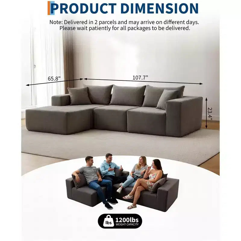 Canapé modulaire GustoWave 108 avec méridienne | Canapé en L moelleux et compressé pour salon | Design convertible, Beige