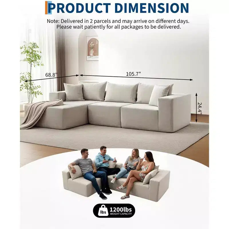 Canapé modulaire GustoWave 108 avec méridienne | Canapé en L moelleux et compressé pour salon | Design convertible, Beige