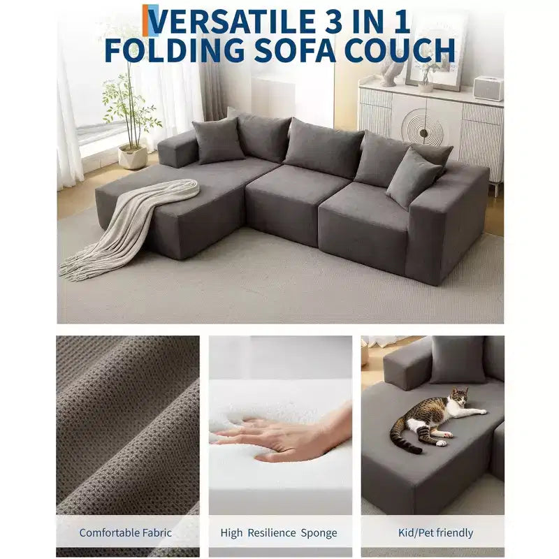 Canapé modulaire GustoWave 108 avec méridienne | Canapé en L moelleux et compressé pour salon | Design convertible, Beige