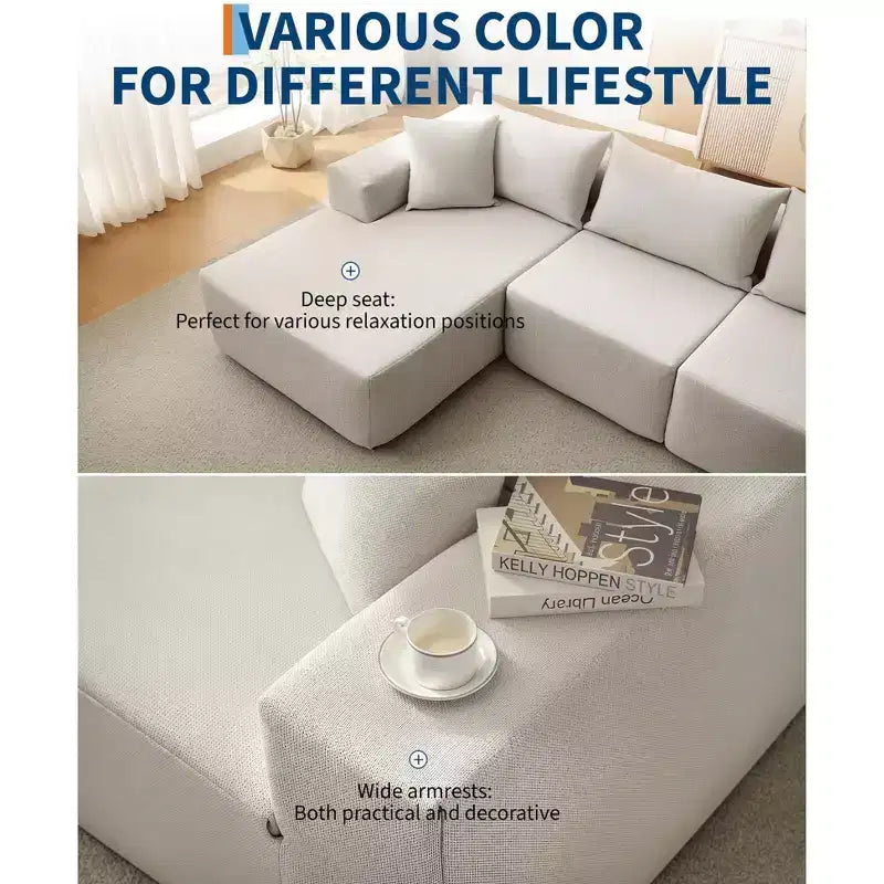 Canapé modulaire GustoWave 108 avec méridienne | Canapé en L moelleux et compressé pour salon | Design convertible, Beige