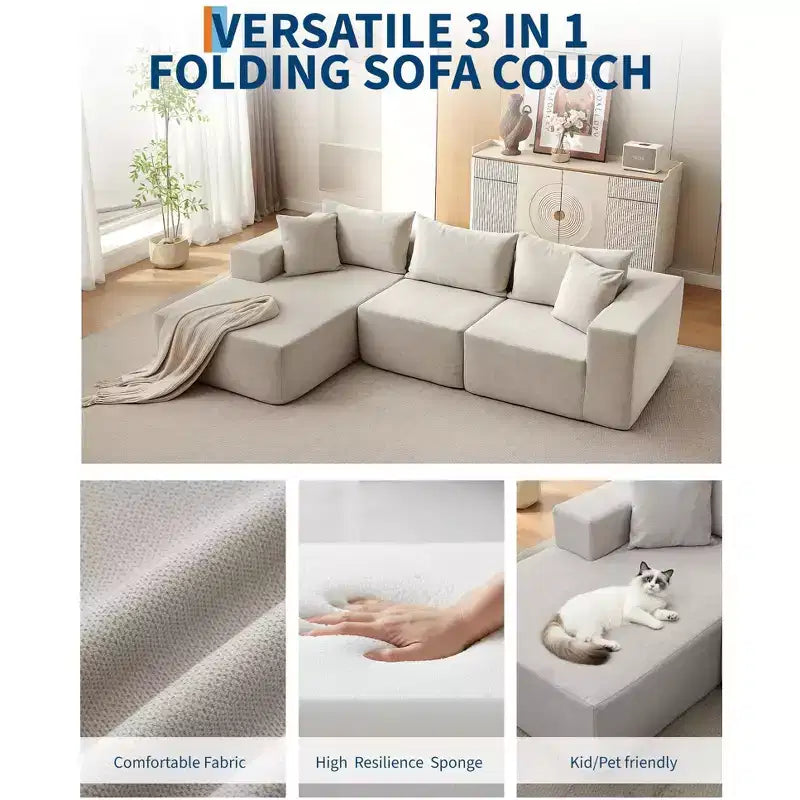 Canapé modulaire GustoWave 108 avec méridienne | Canapé en L moelleux et compressé pour salon | Design convertible, Beige
