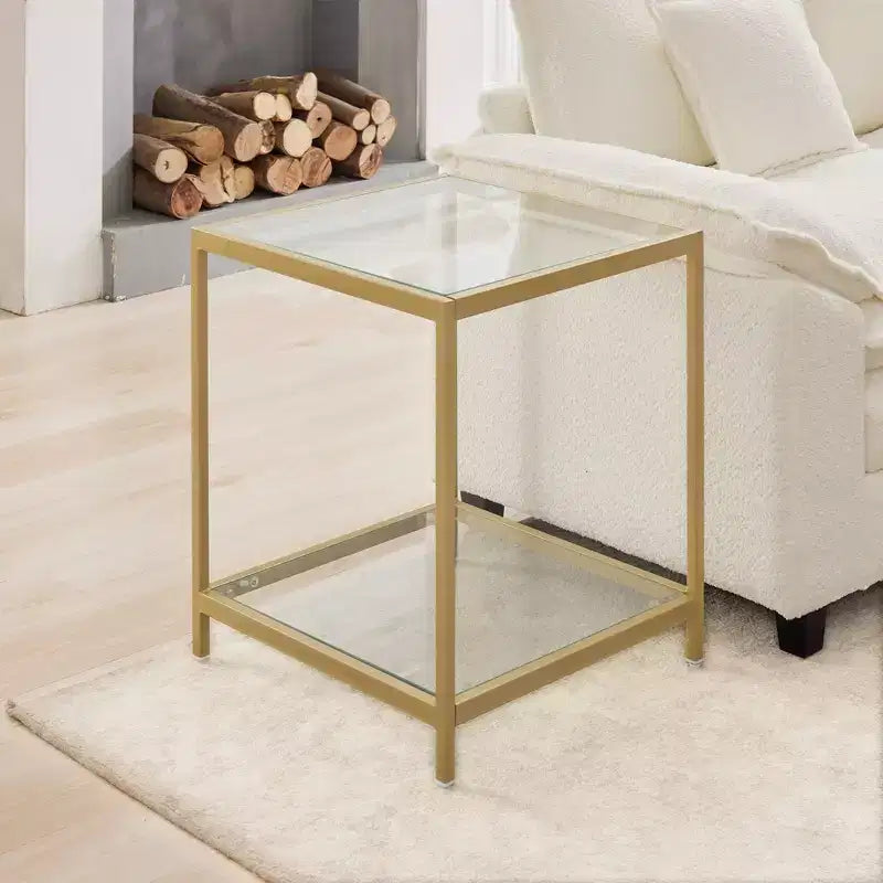 HYLEORY Table d'appoint carrée à 2 niveaux en verre trempé de 50 cm, avec cadre en métal, pour salon ou chambre à coucher