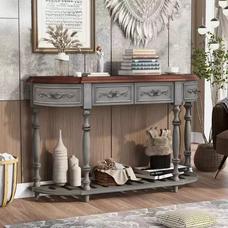 Table console incurvée vintage Okak 52 po avec sculptures exquises, table d'entrée avec 4 tiroirs et 1 étagère, table d'appoint pour salon, grise