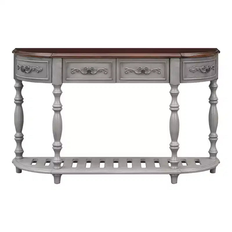 Table console incurvée vintage Okak 52 po avec sculptures exquises, table d'entrée avec 4 tiroirs et 1 étagère, table d'appoint pour salon, grise