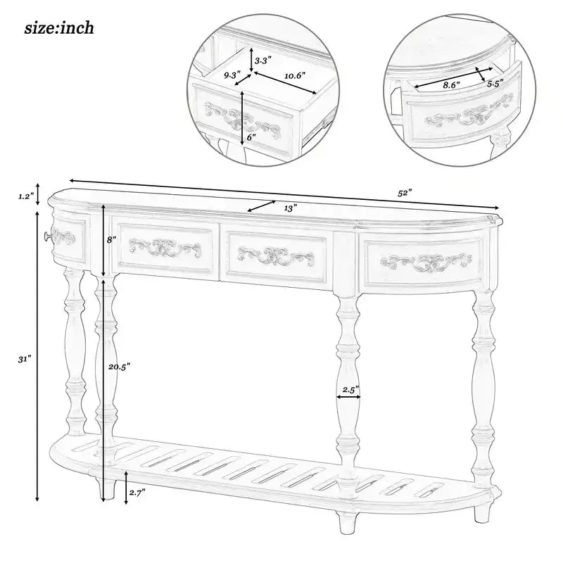 Table console incurvée vintage Okak 52 po avec sculptures exquises, table d'entrée avec 4 tiroirs et 1 étagère, table d'appoint pour salon, grise