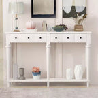 Okak 59.8IN Retro Entryway Table with 4 Drawers, Narrow Console Table with Open Shelves, Hallway Table for Living Room, Foyer, White