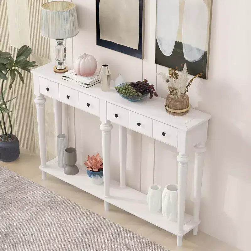 Okak 152 cm Table d'entrée rétro avec 4 tiroirs, Console étroite avec étagères ouvertes, Table de couloir pour salon, hall d'entrée, blanc
