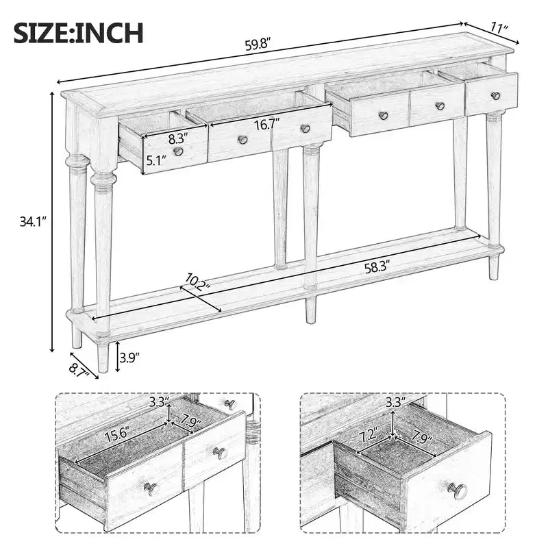 Okak 152 cm Table d'entrée rétro avec 4 tiroirs, Console étroite avec étagères ouvertes, Table de couloir pour salon, hall d'entrée, blanc