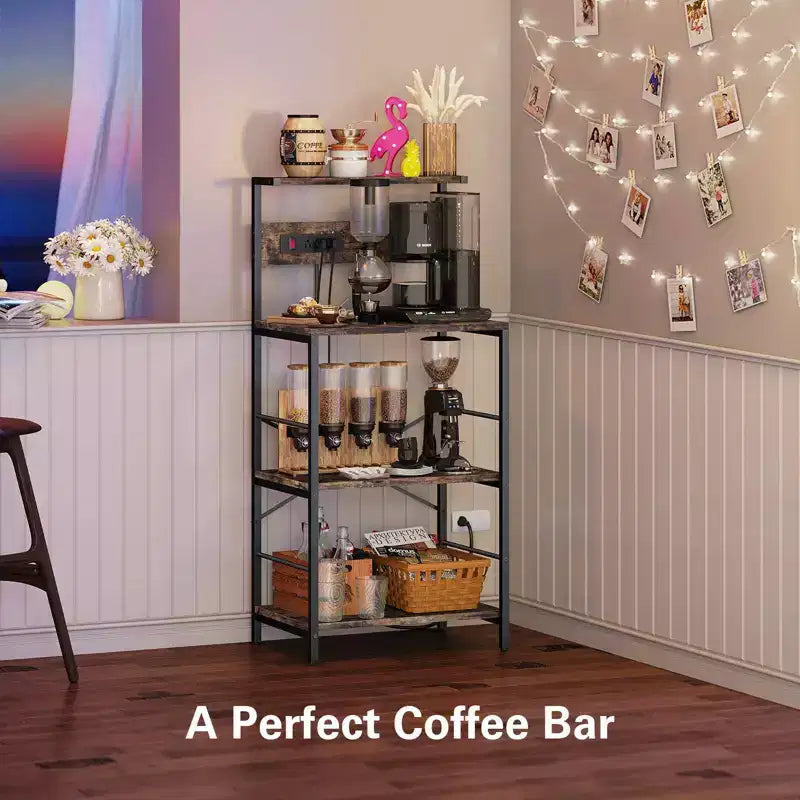 Anycoo Étagère de boulanger à 4 niveaux avec prises de courant, support de micro-ondes avec rangement, étagère de cuisine autoportante, table de bar à café, noir/marron/gris
