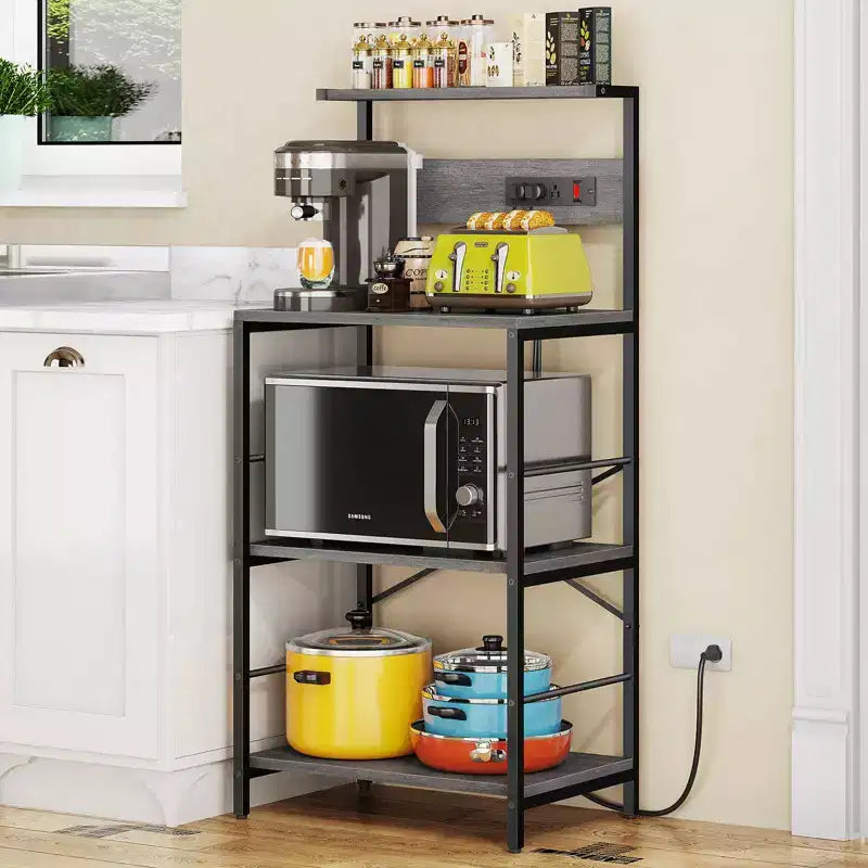 Anycoo Étagère de boulanger à 4 niveaux avec prises de courant, support de micro-ondes avec rangement, étagère de cuisine autoportante, table de bar à café, noir/marron/gris