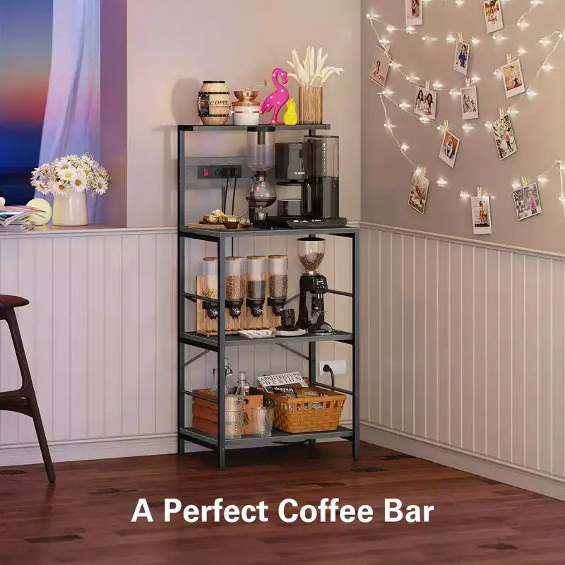 Anycoo Étagère de boulanger à 4 niveaux avec prises de courant, support de micro-ondes avec rangement, étagère de cuisine autoportante, table de bar à café, noir/marron/gris