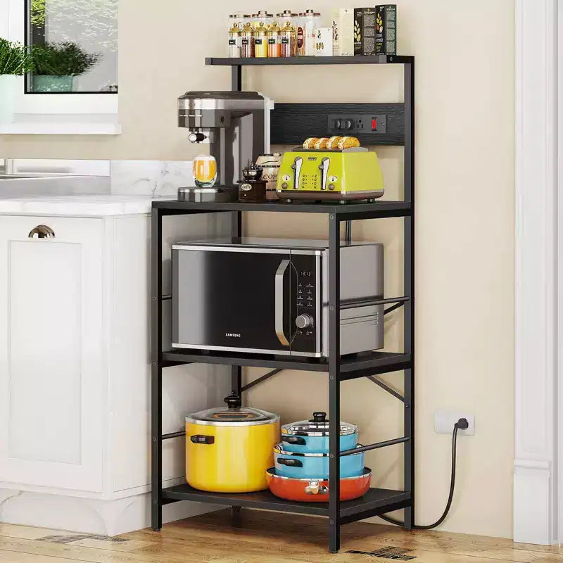 Anycoo Étagère de boulanger à 4 niveaux avec prises de courant, support de micro-ondes avec rangement, étagère de cuisine autoportante, table de bar à café, noir/marron/gris