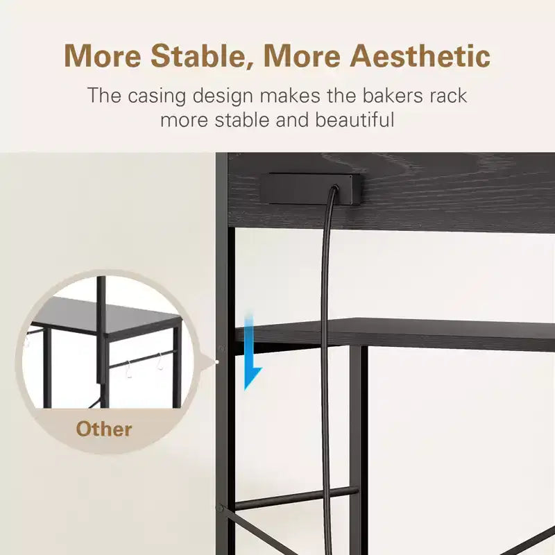 Anycoo Étagère de boulanger à 4 niveaux avec prises de courant, support de micro-ondes avec rangement, étagère de cuisine autoportante, table de bar à café, noir/marron/gris