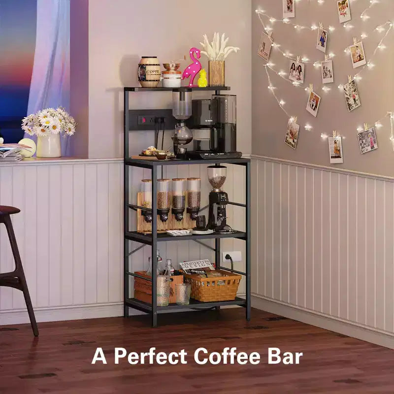 Anycoo Étagère de boulanger à 4 niveaux avec prises de courant, support de micro-ondes avec rangement, étagère de cuisine autoportante, table de bar à café, noir/marron/gris
